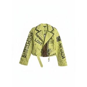 For Her NYC Pistachio Moto Jacket Lime Green Studded Graphic Leopard Print L NWT